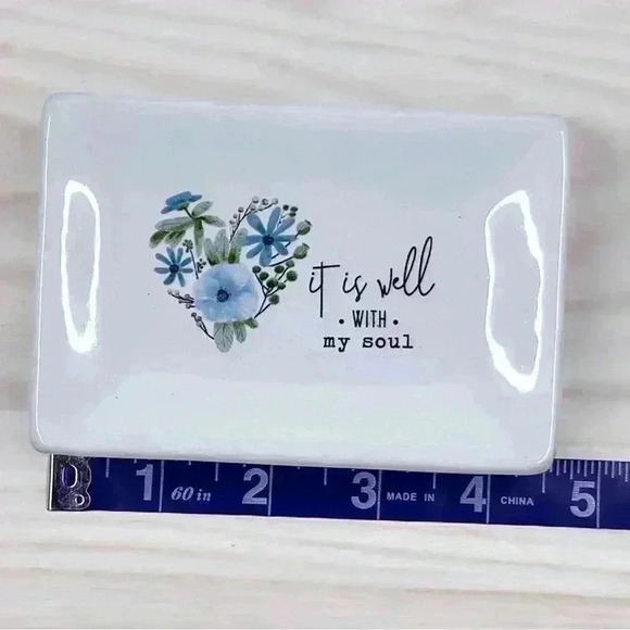 It Is Well With My Soul White Ceramic Soap Dish W/ Blue Flowers & Black Accents - Picture 5 of 13